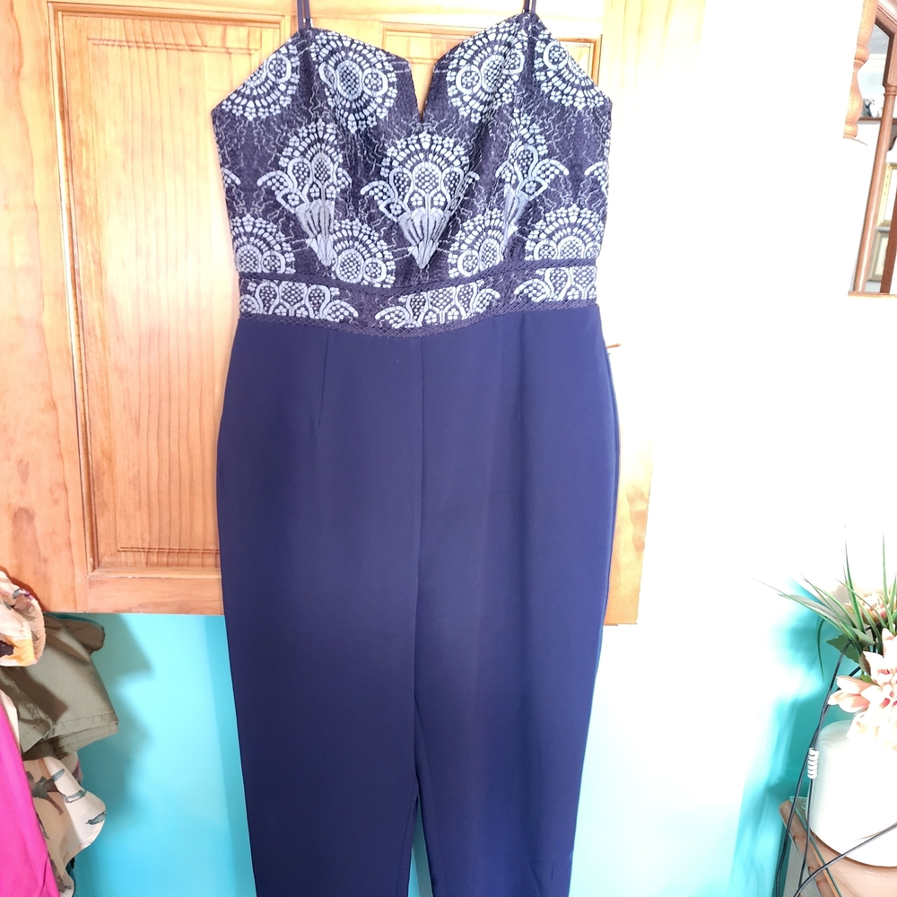 Adelyn Rae Blue Embroidered Jumpsuit with Halter Neck